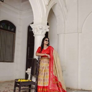 Scarlet Yellow Dola Silk Lehenga Choli with Red Blouse | Patola Print & Foil Work | Wedding & Festive Wear